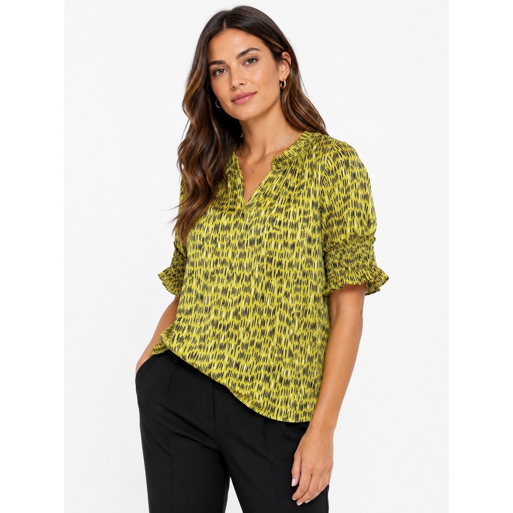 Worthington Blouse Womens Large Lime Green Black Smocked Cuff Ruffle Neck Top